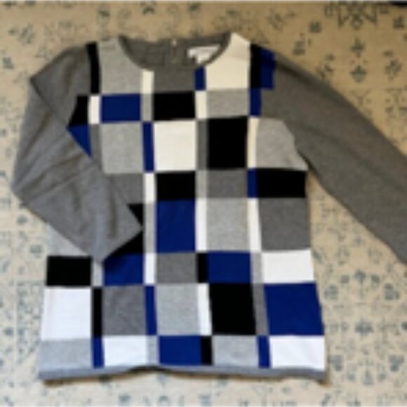 🧡3/15 Liz Claiborne Geometric Color Block Blue/Black/Gray Sweater Women's M - Picture 3 of 8